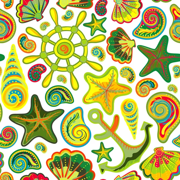 Nautical background, bright seamless pattern with sea shells, anchor, wheel, starfish — ストックベクタ