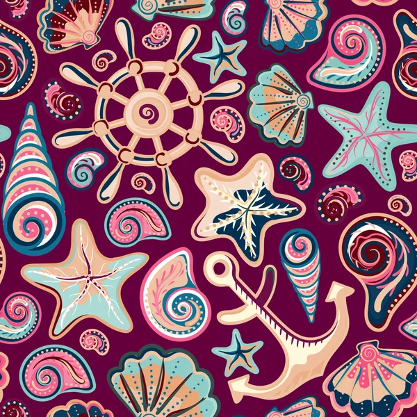 Fondo náutico, patrón sin costura brillante con conchas de mar, ancla, rueda, estrella de mar — Vector de stock