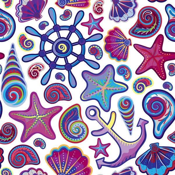 Vector illustration of seamless pattern with ocean shells starfish anchor wheel. — 스톡 벡터