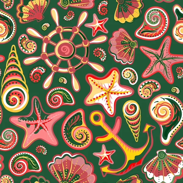 Ilustración vectorial de patrón sin costura con conchas oceánicas rueda de ancla estrella de mar . — Vector de stock