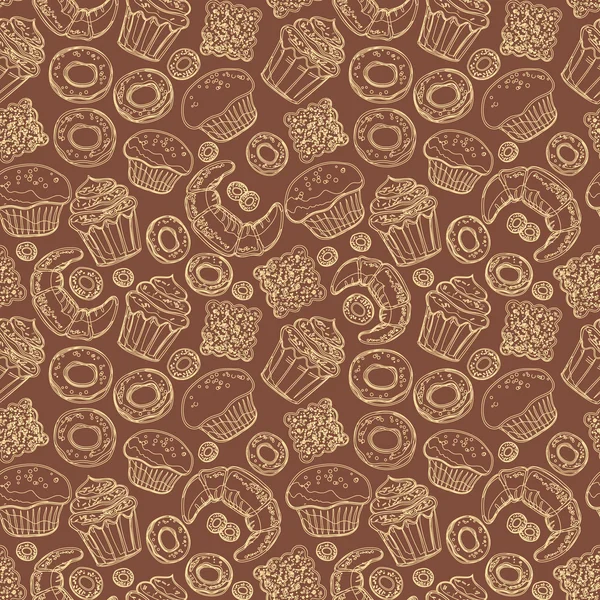 Seamless vector pattern with hand drawn doodle bakery products. Vector set of elements for menu design cake, teapot, croissant. — 스톡 벡터