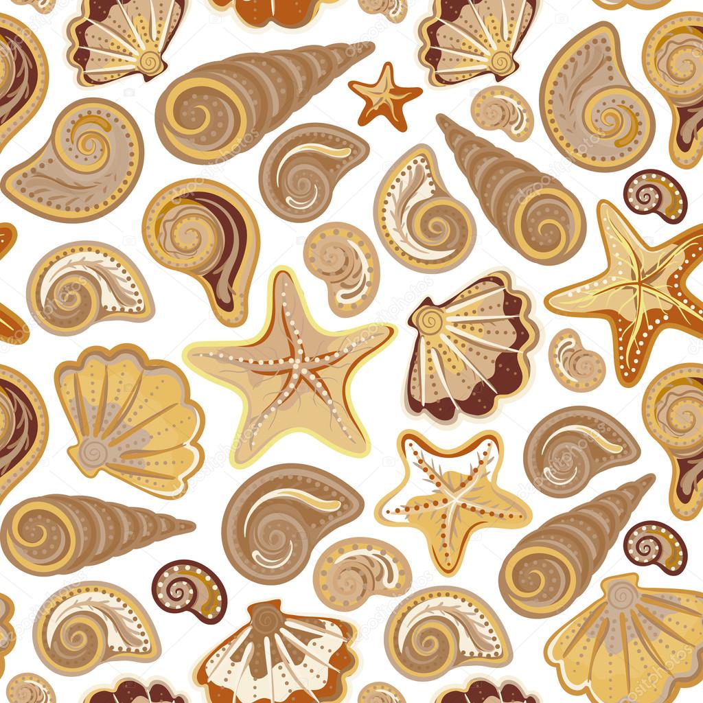Graphic pattern with seashells, sea stars. Hand drawing. Seamless for fabric design, gift wrapping paper, printing.