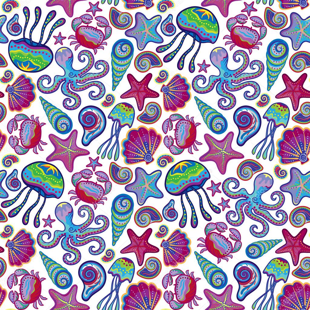Seamless pattern with colorful sea creatures. Marine background jellyfish shells octopus starfish crab.