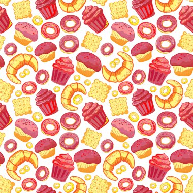 Pişmiş eşya ile vektör yiyecek ekmek seamless modeli. Unlu Mamüller pasta dükkanı. Gösterim amacıyla yazdırma, web.