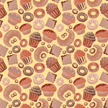 Pişmiş eşya ile vektör yiyecek ekmek seamless modeli. Unlu Mamüller pasta dükkanı. Gösterim amacıyla yazdırma, web.