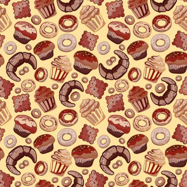 Cute seamless pattern with sweets and dessert, cupcake, ice cream, teapot. Doodle style vector.