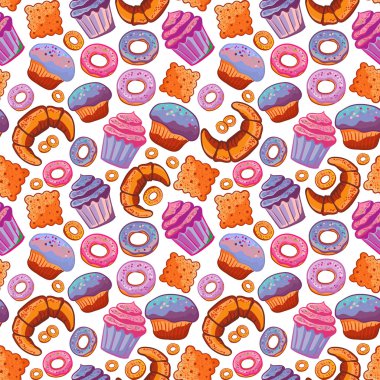 Seamless pattern with various pastries. Bakery products