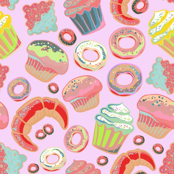 Niedliche nahtlose Muster mit Süßigkeiten und Dessert, Cupcake, Eis, Teekanne. Doodle-Vektor. — Stockvektor