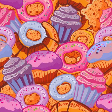 Pastry hand drawn seamless pattern. Doodle background collection confections. Icon set vector with donuts, cupcake, dessert, croissant, bagel