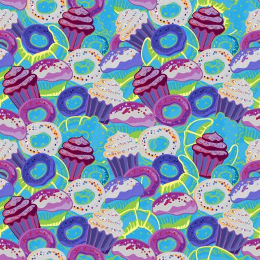 Pastry hand drawn seamless pattern. Doodle collection confections. Blue background