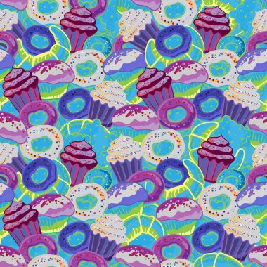 Pastry hand drawn seamless pattern. Doodle collection confections. Blue background clipart