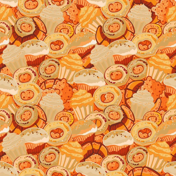 Pastelería dibujado a mano patrón sin costura. Doodle fondo colección de confecciones. Icono conjunto vector con rosquillas, magdalena, postre, croissant, rosquilla — Vector de stock