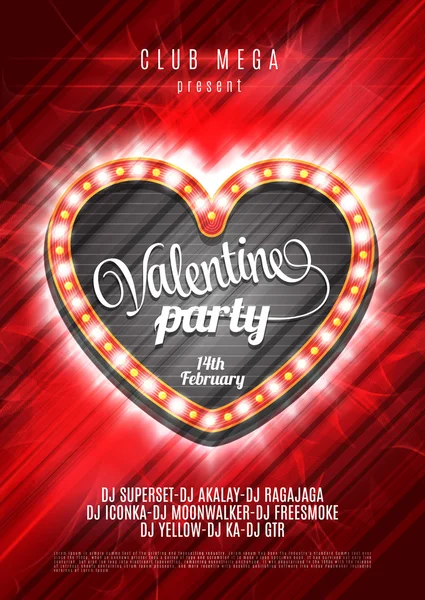 Valentines Party Vector Flyer. Retro Neon Light Frame with abstract bright poster background — Stockvector