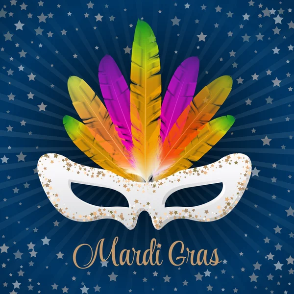 Mardi Gras vector mask with colorful feathers  isolated on blue and stars, rays — Stockový vektor