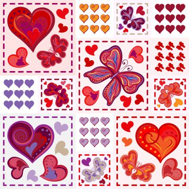 Patchwork colorful with hearts and butterfly. Seamless pattern. Scrapbooking series. Vector background.