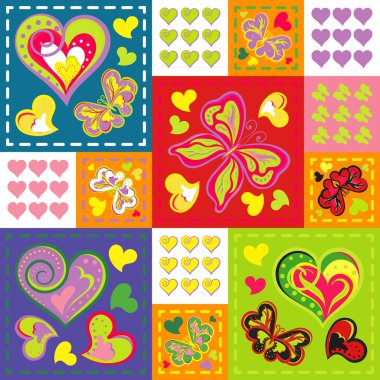 Romantic seamless patterns in patchwork style. Vector hand drawing barrefly and hearts set. Cartoon patterns for cute wallpapers