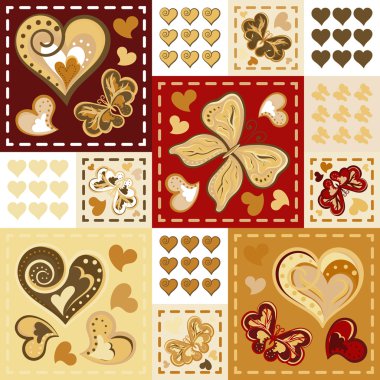 Seamless background with butterflies hearts in patchwork style. Vector illustration