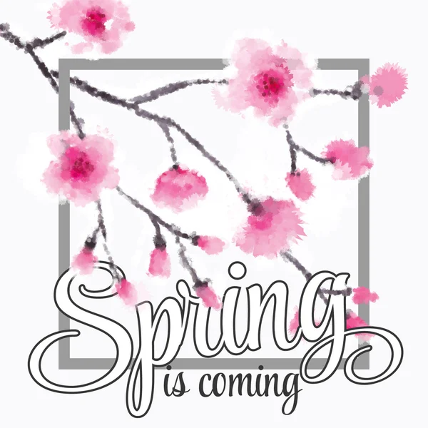 Illustrazione vettoriale - stagione primaverile - fiori di ciliegio su uno sfondo di nastro vintage con l'iscrizione La primavera sta arrivando . — Vettoriale Stock