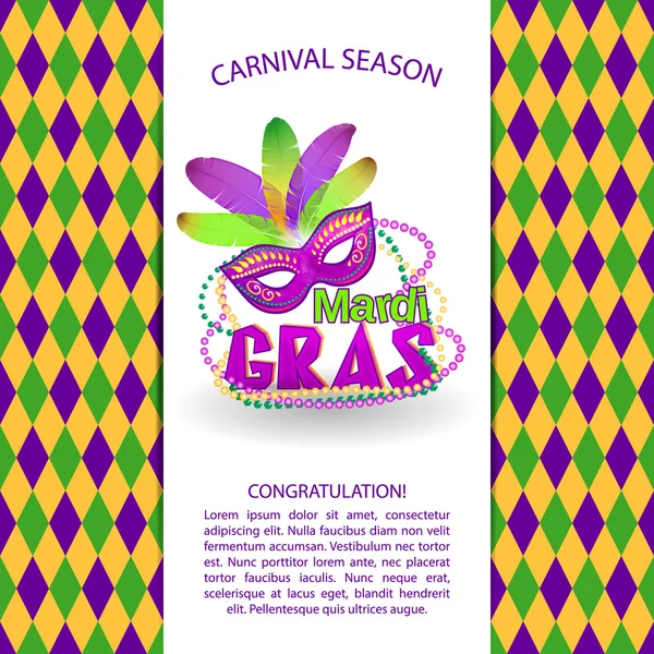 Bright vector carnival icons and sign. Mardi Gras carnival background - Masquerade masks and beads — Stock vektor