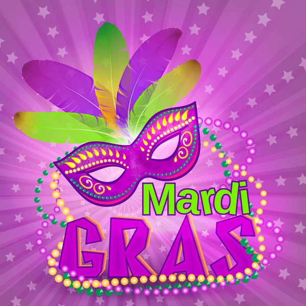 Carnaval veneciano mardi gras colorido partido máscara en la ilustración vector de fondo púrpura. Fondo gordo del día festivo del martes — Vector de stock