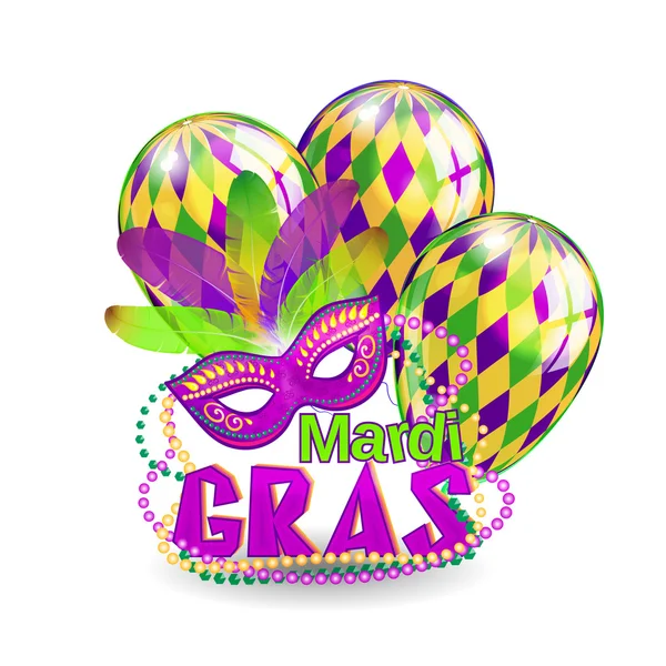 Vector typographical illustration of ornate chalk words Mardi Gras on the blackboard texture with multicolored flying balloons and carnival mask — ストックベクタ