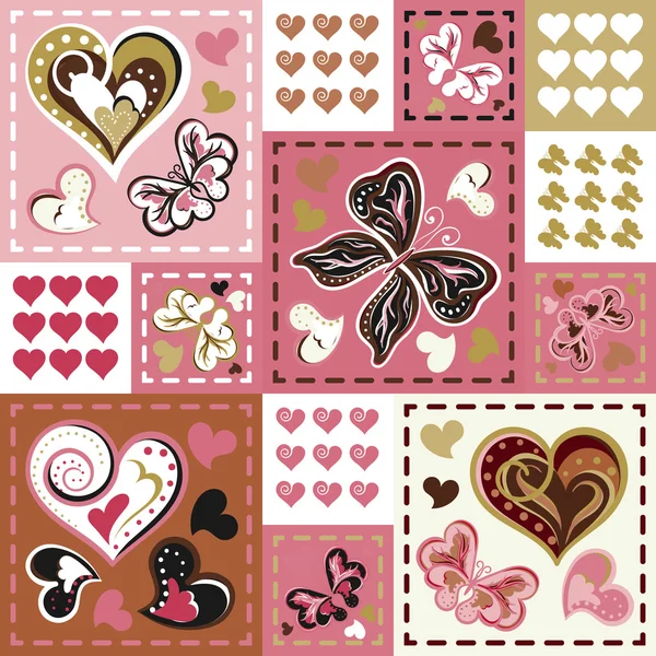 Patrones románticos sin costuras en estilo patchwork. Vector mano dibujo barrefly y corazones establecidos. Patrones de dibujos animados para fondos de pantalla lindos — Archivo Imágenes Vectoriales