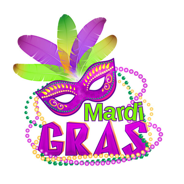 Vector illustration of Mardi Gras or Shrove Tuesday lettering label on white background. Holiday poster or placard template. Mardi Gras design element. EPS 10 vector, grouped for easy editing. Vector Graphics
