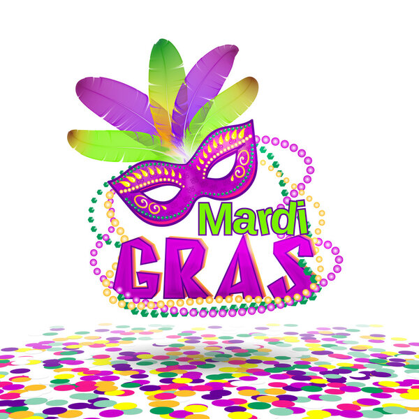 Vector illustration of Mardi Gras or Shrove Tuesday lettering label on white background. Holiday poster or placard template. Mardi Gras design element. EPS 10 vector, grouped for easy editing. Stock Vector