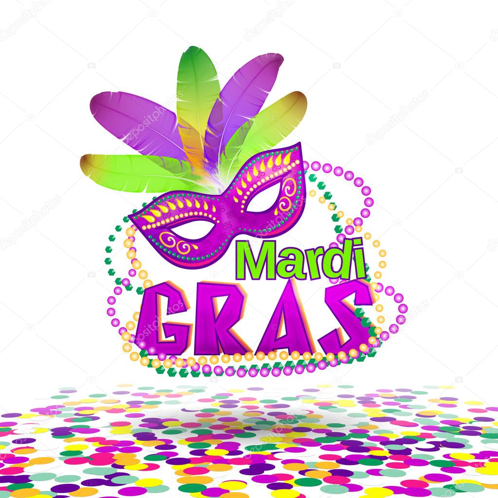 Vector illustration of Mardi Gras or Shrove Tuesday lettering label on white background. Holiday poster or placard template. Mardi Gras design element. EPS 10 vector, grouped for easy editing.