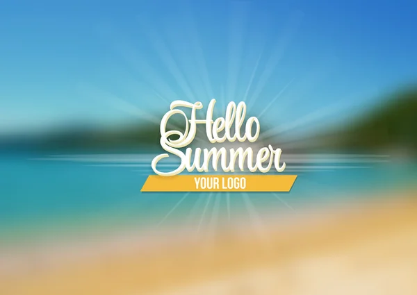 여름 바다 가 배경이 되어 Hello to Summer 를 부르고 있다. 사기적 인 예. — 스톡 벡터