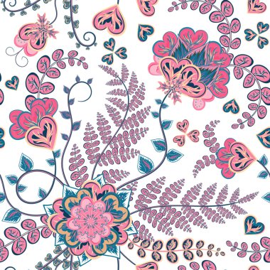 Elegant seamless pattern with red fantasy flowers and leaves  on  the dark background.