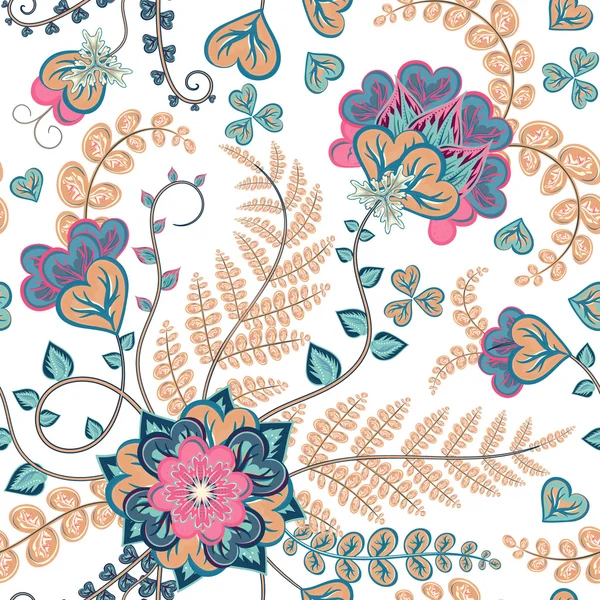 Fantasy flowers seamless hand drawing pattern. Floral ornament  on dark background for fabric, textile, cards, wrapping paper, wallpaper template.Ornamental bright motif — 스톡 벡터