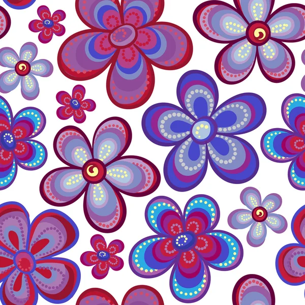 Modèle floral vectoriel sans couture en plusieurs couleurs vives. Fond coloré avec des fleurs et des points dans le style de dessin d'enfant. Texture printemps été positive . — Image vectorielle