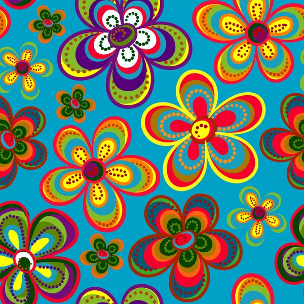 Inconsútil patrón de fondo de flores retro colorido en vector. Lindas flores de primavera hippi patrón sin costura — Vector de stock