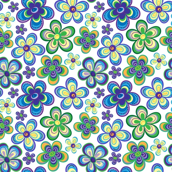 Modèle de fond de fleur rétro coloré sans couture dans le vecteur. Mignon printemps fleurs hippopotame motif sans couture — Image vectorielle