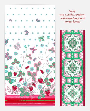 Set of seamless vector vertical pattern with Decorative red gray pink strawberry and butterfly ornament and ornate border. Hand drawn texture for clothes, bedclothes, invitation, card design etc.