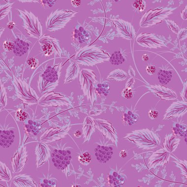 Raspberries seamless pattern with violet raspberry and leaves on lilac background