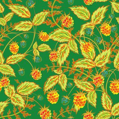 Raspberries seamless pattern with rel orange raspberry and leaves on green background
