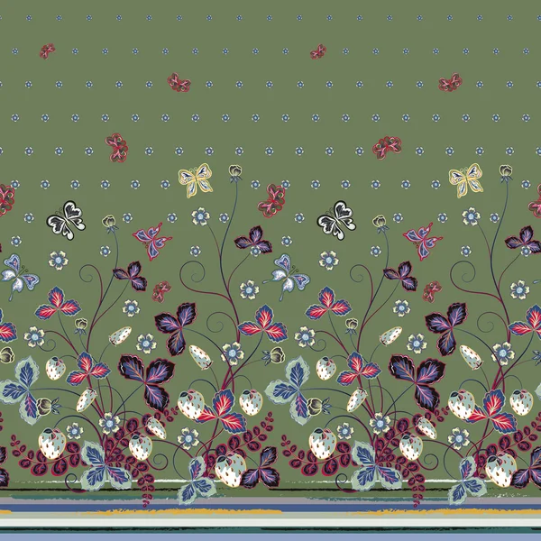 Vector seamless vertical pattern with Decorative violet pink blue strawberry and butterfly ornament on green background. Hand drawn texture for clothes, bedclothes, invitation, card design etc. — Wektor stockowy