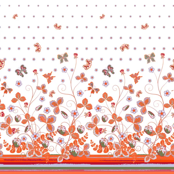 Vintage bacche foglie frutta falena farfalla Wallpaper. Verticale modello Seamless può essere utilizzato per sfondi, riempimenti modello, sfondi pagina web, texture di superficie. Splendido vettore sfondo retrò — Vettoriale Stock