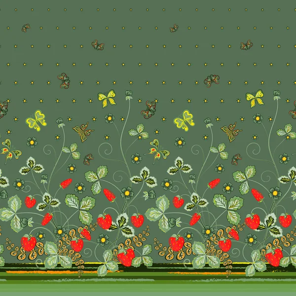 Вертикальный бесшовный весенний темно-цветочный узор с красной земляникой и темно-зелеными цветами и зелеными бабочками — стоковый вектор