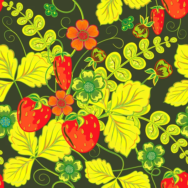 Wiederholung nahtlosen Muster mit Erdbeere. abstrakte Eleganz nahtloses Naturmuster, Vektorabbildung in rotem Gelbgrünton. — Stockvektor