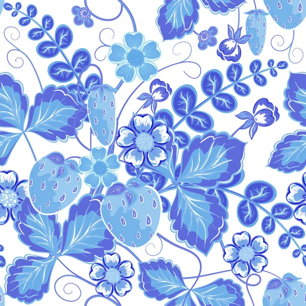 Repeating Seamless pattern with strawberry. Abstract Elegance seamless nature pattern, vector illustration in blue tone. — Stockový vektor