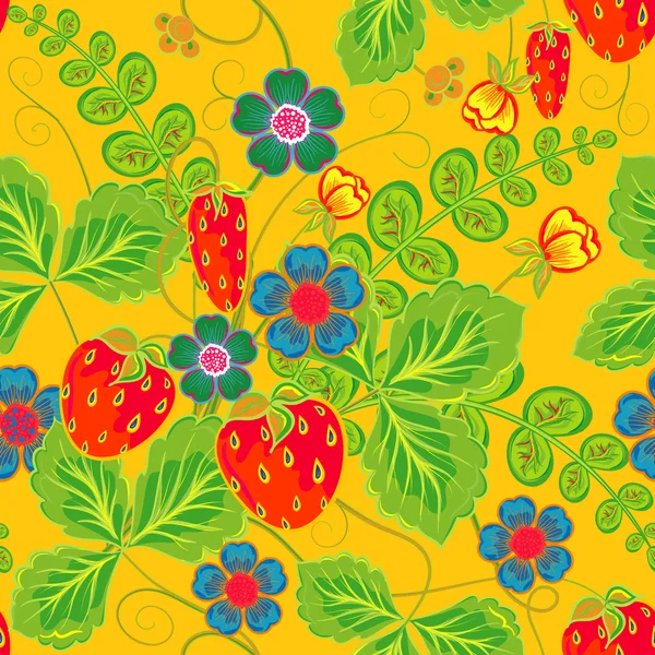Hervorragende nahtlose Muster mit Handzeichnung orange rote Erdbeere, blaue Blüten und grüne Blätter auf gelbem Hintergrund — Stockvektor