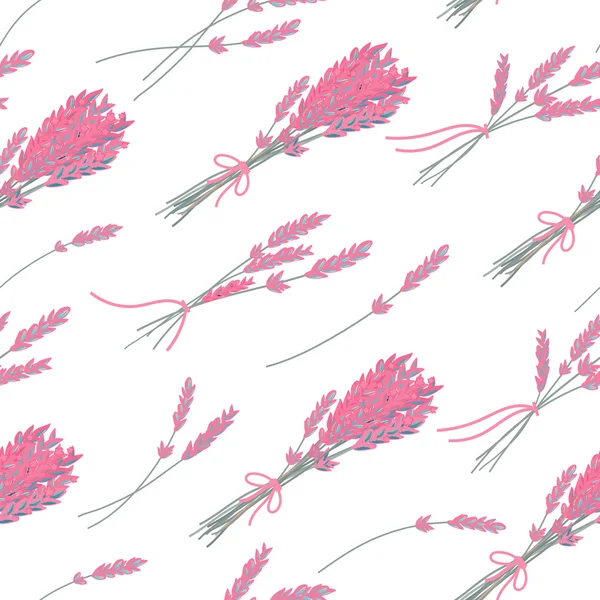 Vector floral seamless pattern with hand drawn herbs. Pink lavender on white background. — Wektor stockowy