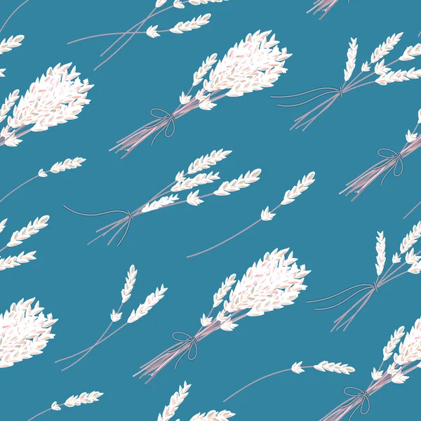 Vector floral seamless pattern with hand drawn herbs. White lavender on blue background. — Stockový vektor