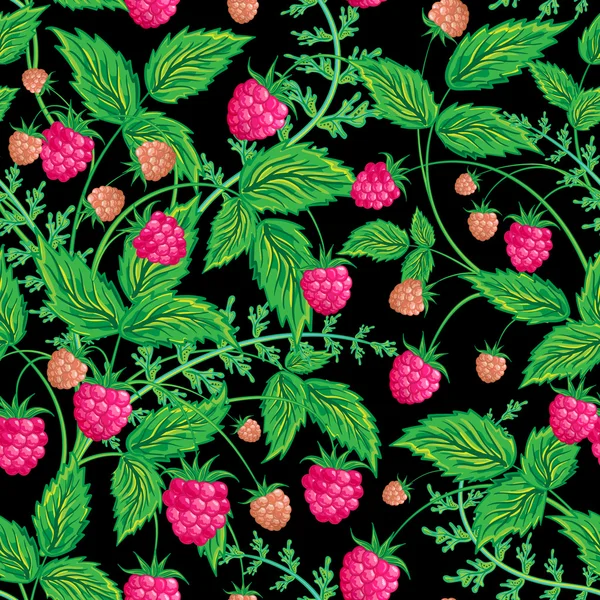 Raspberries seamless pattern with raspberry and leaves on black background — Wektor stockowy