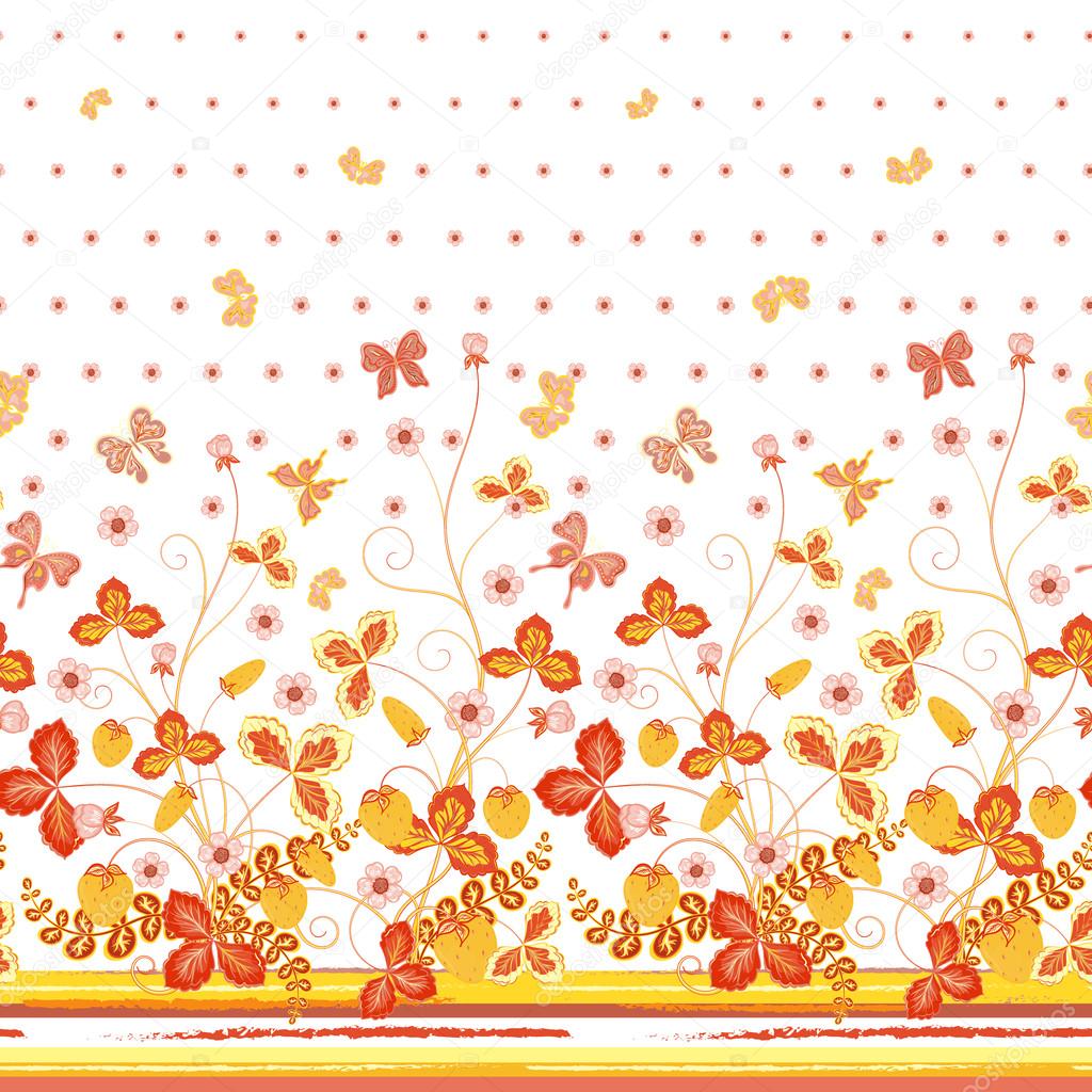 Seamless spring white floral pattern with orange strawberries and flowers and yellow butterflies 