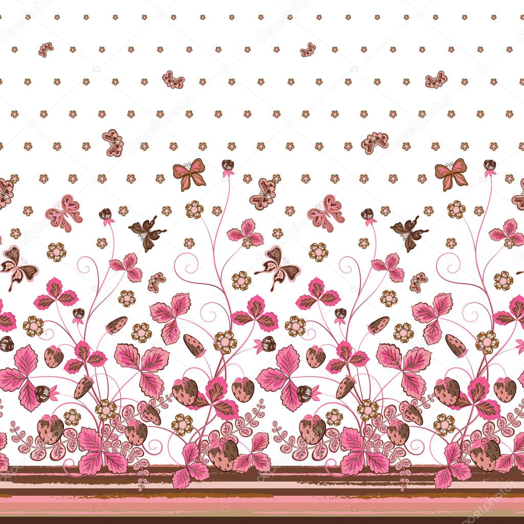 Vertical Seamless pink brown floral pattern with strawberries and flowers and translucent butterflies 