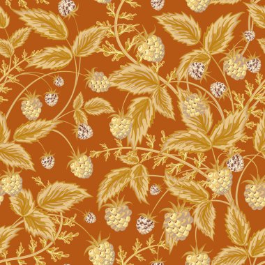 Seamless pattern with leaves and raspberry. Background for your design with bright, contrasting light brown berries and leaves on brown backdrop. Vector illustration.